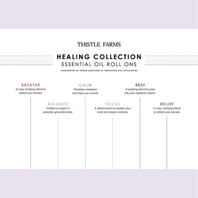 Thistle Farms Healing Collection essential oil roll-ons with descriptions on a white background