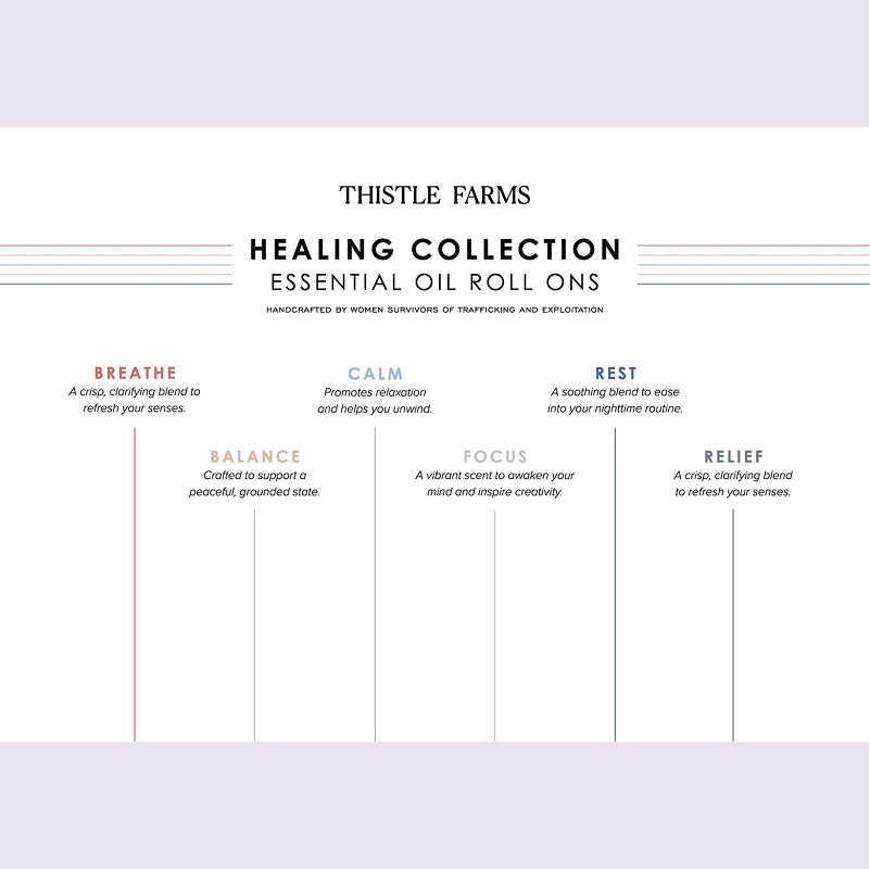 Thistle Farms Healing Collection essential oil roll-ons with descriptions on a white background
