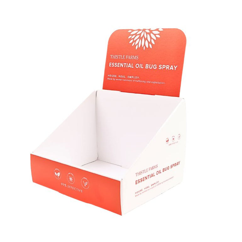 Essential oil bug spray packaging with a white background