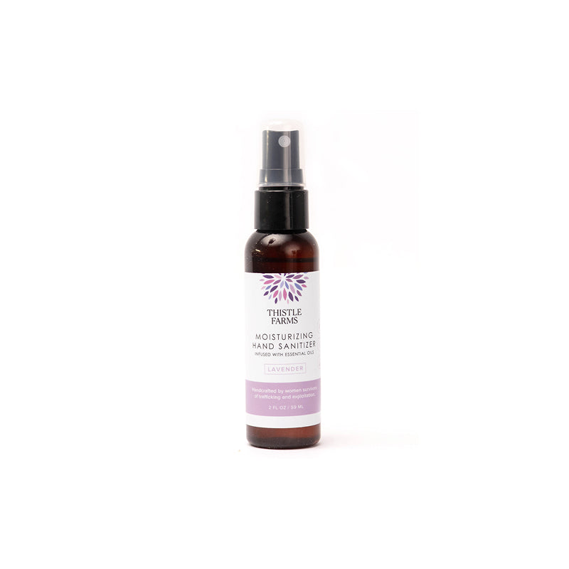 Thistle Farms moisturizing hand sanitizer bottle on a white background